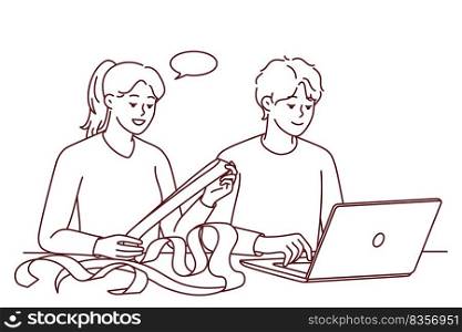 Young couple sit at table at home pay bills online. Man and woman manage expenses on internet on web banking on laptop. Vector illustration. . Couple pay bills online on computer 
