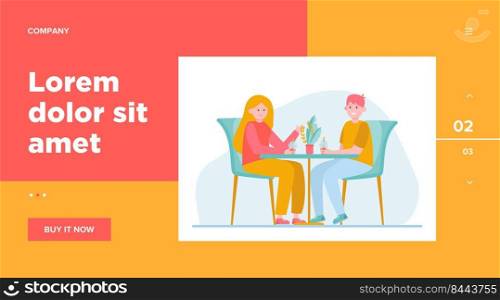 Young couple sitting in cafe and drinking bubble tea. Date, love, coffee flat vector illustration. Relationship and family concept for banner, website design or landing web page