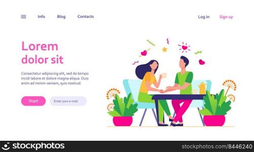 Young couple sitting in restaurant together isolated flat vector illustration. Cartoon romantic girl and guy drinking coffee on date. Love and anniversary concept