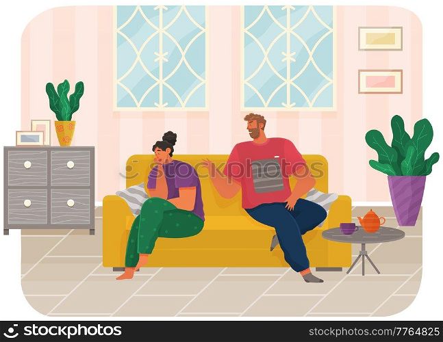 Young couple sitting on couch quarreling at home. Man and woman couple in bad relationship. Arguing, reprimanding, having argument fight. Husband and wife breakup. Family conflicts. Marriage crisis. Young couple sitting on couch quarreling at home. Man and woman couple in bad relationship