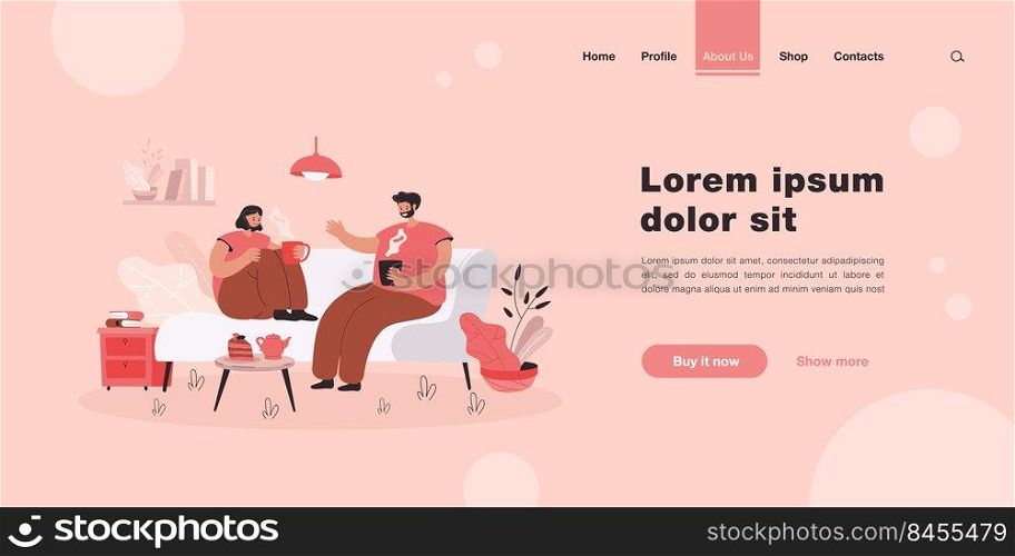 Young couple spending romantic evening together in their apartment. Man and woman sitting on sofa in cozy room, drinking coffee and talking. Vector illustration for love, home, hygge concept