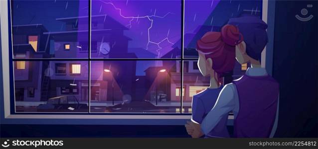 Young couple stand at window rear view looking on night ghetto street with old cracked buildings and broken cars under rain and lightning glow in dark sky, family at home Cartoon vector illustration. Young couple stand at window look on night street