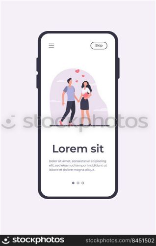 Young couple standing and holding hands. Heart, girlfriend, boyfriend flat vector illustration. Love and relationship concept for banner, website design or landing web page