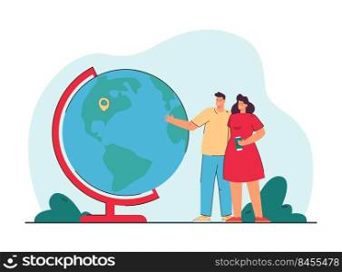 Young couple standing next to globe with location pin. Husband and wife picking vacation spot flat vector illustration. Traveling, tourism, adventure concept for banner, website design or landing page