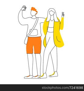 Young couple taking selfie with smartphone flat contour vector illustration. Man with phone, girl shows v sign isolated cartoon outline character on white background. Teens lifestyle simple drawing