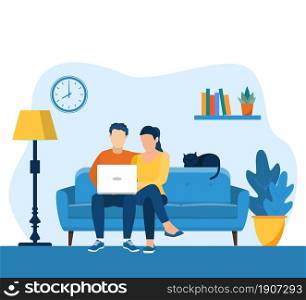 young couple using a laptop while sitting on a sofa. web page design template for online education, learning, video tutorials. Vector illustration in flat style. man and woman with laptop