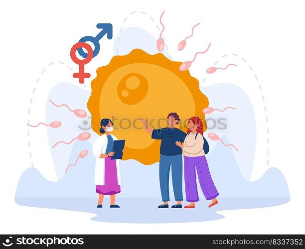 Young couple visiting gynecologist flat vector illustration. Man and woman planning family and pregnancies, taking care of health. Embryo in background. Fertility, parenthood concept