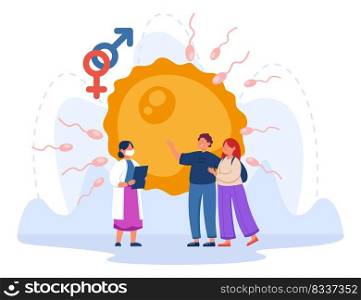 Young couple visiting gynecologist flat vector illustration. Man and woman planning family and pregnancies, taking care of health. Embryo in background. Fertility, parenthood concept