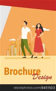 Young couple walking in city. Man and woman holding hands flat vector illustration. Citizens, outdoor activity, dating in city concept for banner, website design or landing web page