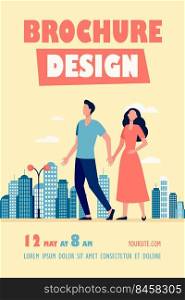 Young couple walking in city. Man and woman holding hands flat vector illustration. Citizens, outdoor activity, dating in city concept for banner, website design or landing web page