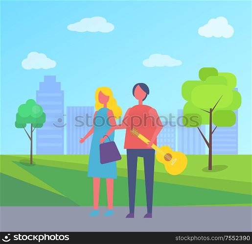 Young couple walking in park cartoon on backdrop of skyscrapers and trees. Man with guitar in arm and woman with bag holding hands, relaxing outdoors. Young Couple Walking in Park Cartoon Skyscrapers