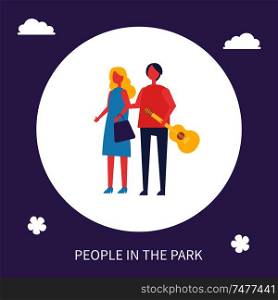Young couple walking in park cartoon style banner isolated vector in circle. Girl in dress and with bag and guy holding guitar in arm going gripping hands. Young Couple Walking in Park Cartoon Icon Banner