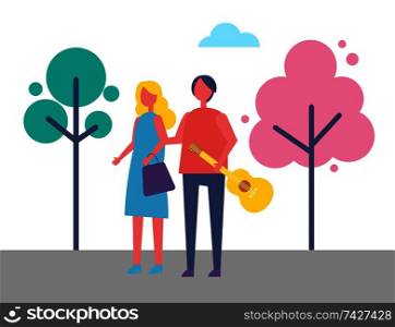 Young couple walking in park cartoon style vector. Man with guitar in arm and woman with bag holding hands, relaxing romantic atmosphere, trees on backdrop. Young Couple Walking in Park Cartoon Vector Trees