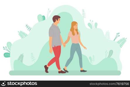 Young couple walking in park together and holding hands. Teenagers in love spending time together outdoors. Young people dating, family leisure vector. Young Couple Walking and Holding Hands Vector