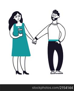 Young couple walking. People in love, cute girl and man holding hands. Woman with take away drink, flat isolated vector characters. Illustration of couple man and woman walk in love. Young couple walking. People in love, cute girl and man holding hands. Woman with take away drink, flat isolated vector characters
