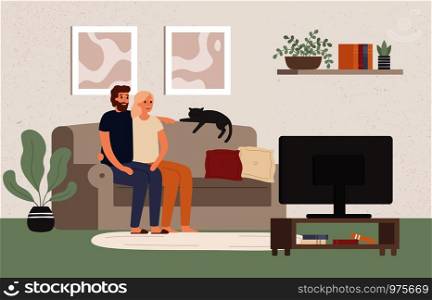 Young couple watch tv together. Happy man and woman sitting on couch and watching television show. Family movie night, lovers character home relax and watch video vector illustration. Young couple watch tv together. Happy man and woman sitting on couch and watching television show. Movie night vector illustration