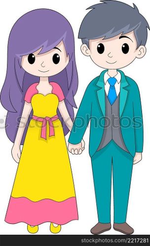 young couple wedding, festive and happy activities, cartoon flat illustration