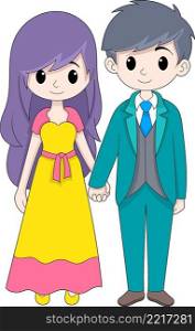 young couple wedding, festive and happy activities, cartoon flat illustration