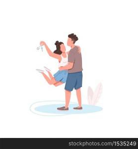 Young couple with new apartment key flat color vector faceless characters. Wife and husband hug. Boyfriend and girlfriend relocating isolated cartoon illustration for web graphic design and animation. Young couple with new apartment key flat color vector faceless characters