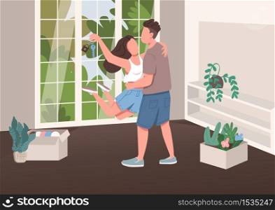 Young couple with new apartment key flat color vector illustration. Young family happy moment. Wife and husband relocating 2D cartoon characters with living room interior on background. Young couple with new apartment key flat color vector illustration