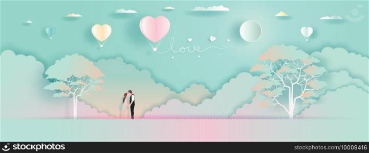 Young couples with Balloons love and romantic view. Family, love, relationship concept, Vector illustration in nature background. For valentines day, wallpaper, card, posters, postcard, greeting card.