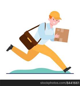 Young courier running with cardboard box. Parcel, express, post flat vector illustration. Delivery service and shipping concept for banner, website design or landing web page