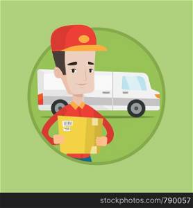 Young courier with box on background of delivery truck. Delivery man carrying cardboard box. Delivery man with a box in his hands. Vector flat design illustration in the circle isolated on background.. Delivery man carrying cardboard boxes.