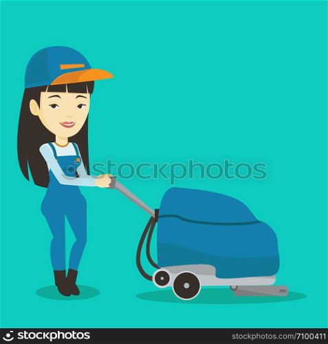 Young cucasian woman cleaning supermarket floor. Friendly woman working with cleaning machine. Female worker of cleaning services in supermarket. Vector flat design illustration. Square layout. Female worker cleaning store floor with machine.