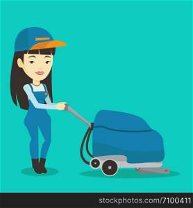 Young cucasian woman cleaning supermarket floor. Friendly woman working with cleaning machine. Female worker of cleaning services in supermarket. Vector flat design illustration. Square layout. Female worker cleaning store floor with machine.