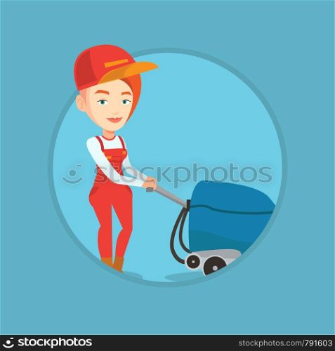 Young cucasian woman cleaning supermarket floor. Woman working with cleaning machine. Worker of cleaning services in supermarket. Vector flat design illustration in the circle isolated on background.. Female worker cleaning store floor with machine.