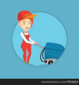 Young cucasian woman cleaning supermarket floor. Woman working with cleaning machine. Worker of cleaning services in supermarket. Vector flat design illustration in the circle isolated on background.. Female worker cleaning store floor with machine.
