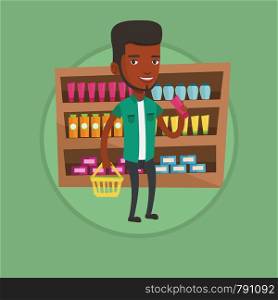 Young customer shopping at supermarket with basket. Customer holding a shopping basket in one hand and a tube of cream in another. Vector flat design illustration in the circle isolated on background.. Customer with shopping basket and tube of cream.