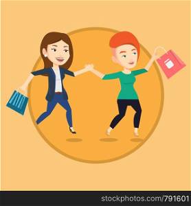 Young customers rushing to promotion and sale. People rushing on sale to the shop. Women running in a hurry to the store on sale. Vector flat design illustration in the circle isolated on background.. People running in hurry to the store on sale.