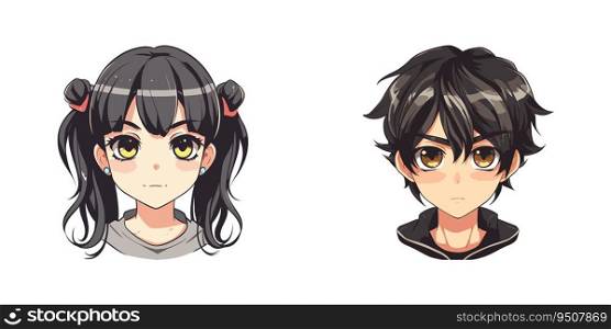 Young cute anime style man and woman faces. Cartoon vector illustration.
