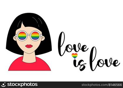 Young cute lesbian girl in rainbow glasses. LGBT Pride Month. love is love. LGBT flag pride in rainbow colors. Vector illustration. LGBTQ Symbol. Human rights and tolerance. Groovy celebration