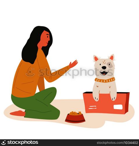 Young cute volunteer feeding street dog. Animal care concept. Colorful vector flat illustration. Young cute volunteer girl feeding street dog