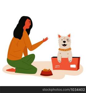 Young cute volunteer feeding street dog. Animal care concept. Colorful vector flat illustration. Young cute volunteer girl feeding street dog