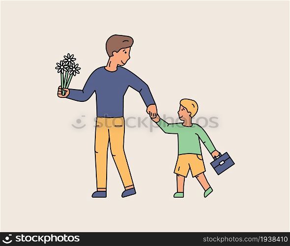 Young dad taking first grader to school. Smiling father holds his son hand carry flowers and schoolbag. Going to School. Colorful Line Characters People. Flat design style minimal vector illustration.. Young dad taking first grader to school