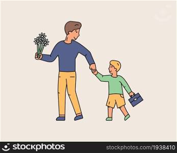 Young dad taking first grader to school. Smiling father holds his son hand carry flowers and schoolbag. Going to School. Colorful Line Characters People. Flat design style minimal vector illustration.. Young dad taking first grader to school