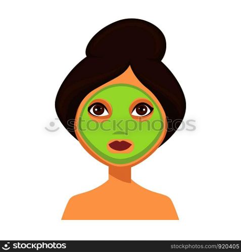 Young dark haired woman with face mask applied on her skin and her hair up, beauty routine themed cartoon, flat concept vector illustration on white background. Young woman with green face mask and her hair up