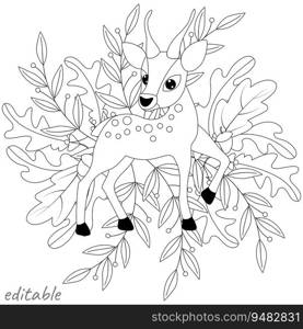 Young deer with autumn leaves. Autumn collection. Relaxation coloring template. Editable vector illustration.
