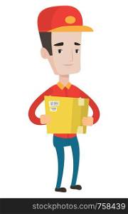 Young delivery man holding cardboard box. Caucasian delivery man carrying cardboard box. Smiling delivery man with a box in his hands. Vector flat design illustration isolated on white background.. Delivery man carrying cardboard boxes.