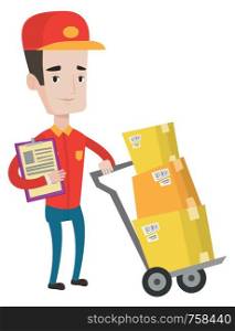 Young delivery man pushing cardboard boxes on trolley. Caucasian delivery man with clipboard. Friendly worker of delivery service. Vector flat design illustration isolated on white background.. Delivery man with cardboard boxes.