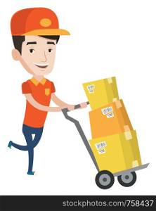Young delivery postman with boxes on trolley. Delivery postman pushing trolley with cardboard boxes. Delivery postman delivering parcels. Vector flat design illustration isolated on white background.. Delivery postman with cardboard boxes on trolley.