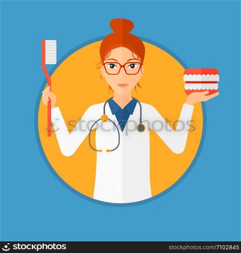 Young dentist in medical gown holding a dental jaw model and a toothbrush. Female dentist showing dental jaw model and toothbrush. Vector flat design illustration in the circle isolated on background.. Dentist with dental jaw model and toothbrush.