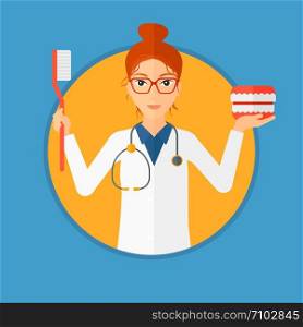 Young dentist in medical gown holding a dental jaw model and a toothbrush. Female dentist showing dental jaw model and toothbrush. Vector flat design illustration in the circle isolated on background.. Dentist with dental jaw model and toothbrush.