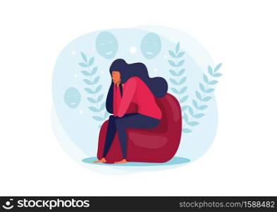 Young depressed woman sitting on sofa and holding face concept vector illustrator.