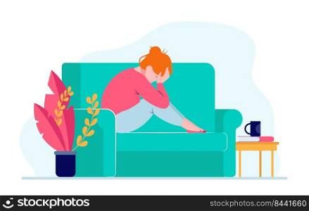 Young depressed woman sitting on sofa and holding head. Depression, health, problem flat vector illustration. Stress and emotion concept for banner, website design or landing web page