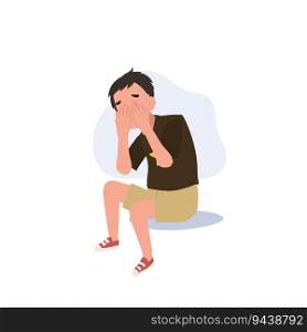 Young Depression and Solitude concept.  Moody Portrait of a Depressed Young Child. Flat vector cartoon illustration