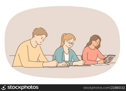 Young diverse people sit at desk study together in college or university. Male and female students engaged in education process in high school write in notebook. Learner concept. Vector illustration. . Diverse people study together make notes in college 